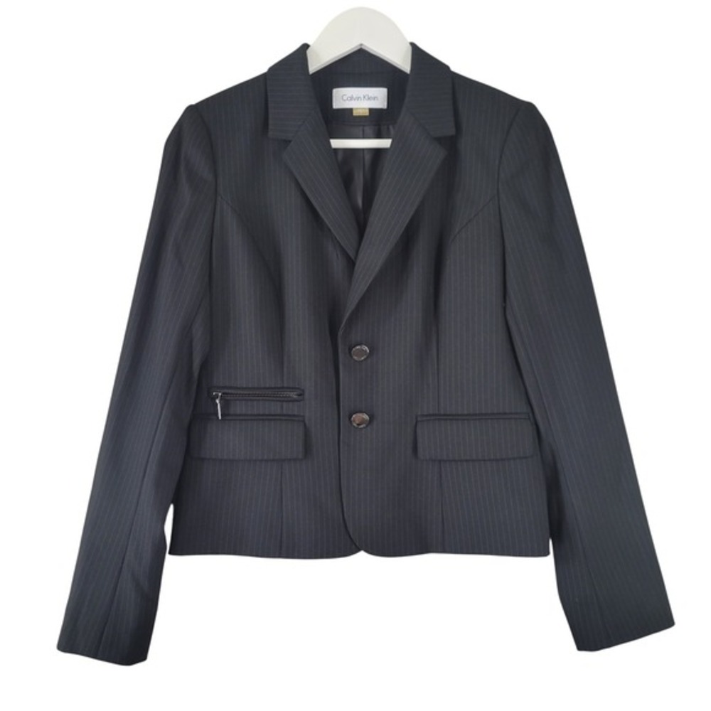 Calvin Klein Pinstripe Blazer‎ Womens 4 Black Two Button Jacket Career Office
